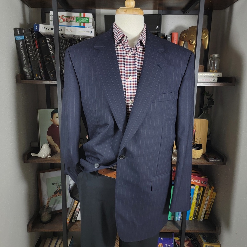 Samuelsohn Men's Sport Coat Blazer Surgeon Two Button Deep Navy Striped Wool 44L